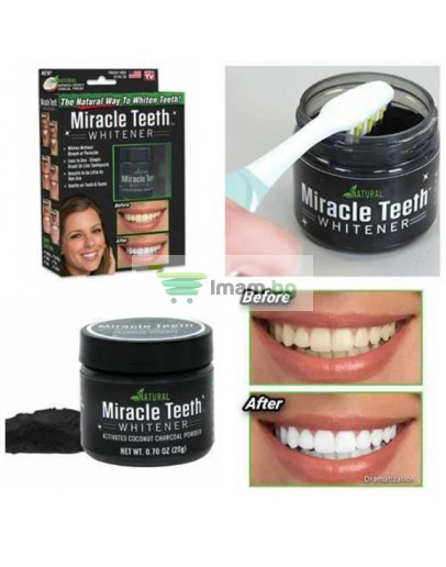 Кокосов въглен за избелване на зъби Miracle Teeth, Natural, 20 грама
